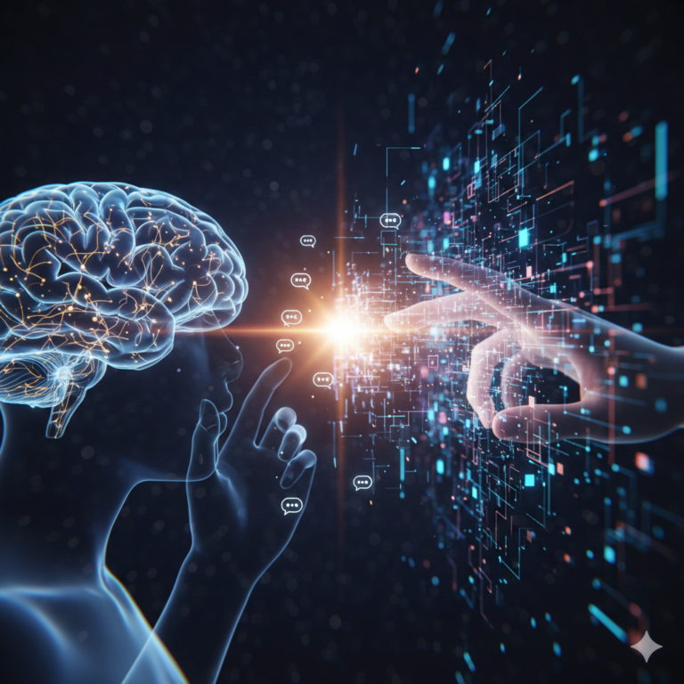 A conceptual image depicting a stylized brain or human hand interacting with glowing digital circuits or a network of data, symbolizing the fusion of human and AI intelligence. It should feel modern, clean, and forward-looking.