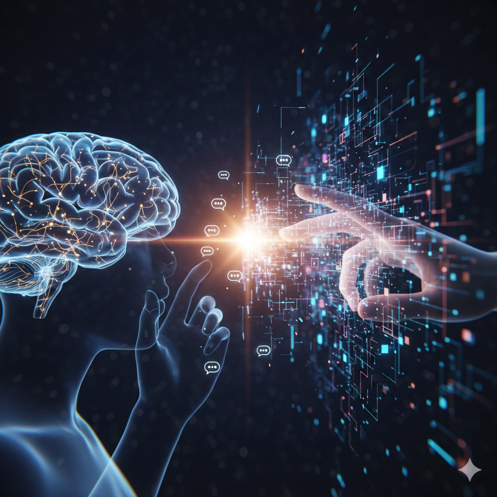 A conceptual image depicting a stylized brain or human hand interacting with glowing digital circuits or a network of data, symbolizing the fusion of human and AI intelligence. It should feel modern, clean, and forward-looking.
